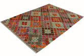 Flat Weave Kilim Antique Navaho Vintage handmade Modern Kilim Brown Red Hand-Woven Rectangle 100% Wool Area Rug 4x6